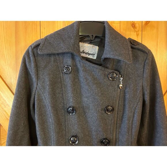 VINTAGE GUESS Wool Blend Belted Black Dress Coat Size Medium (5477) - Picture 2 of 9